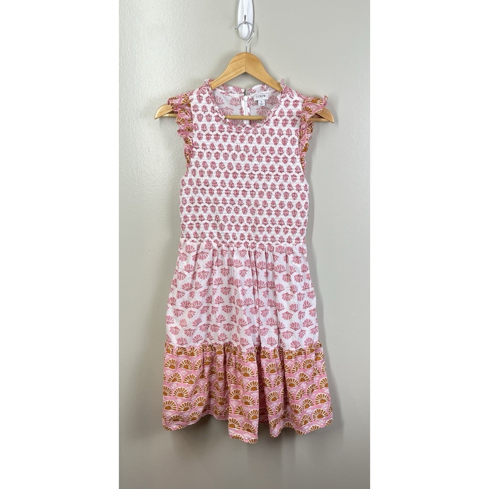 J.Crew Smocked Dress S Pink Cotton Shell Print Ruffle Sleeve Lined Flirty